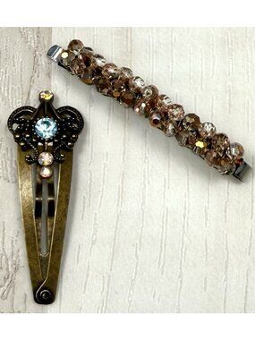 VTG Lot 2 HAIR ACCESSORIES Snap Clip Barrette Pin Beaded Rhinestone RENEE RIVERA